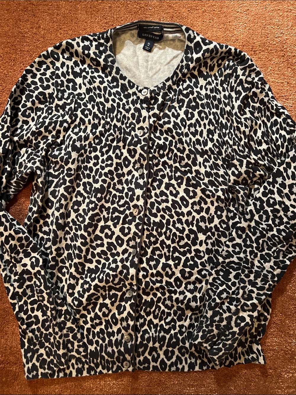 Lands End animal print cardigan sweater size XL 18 supima cotton